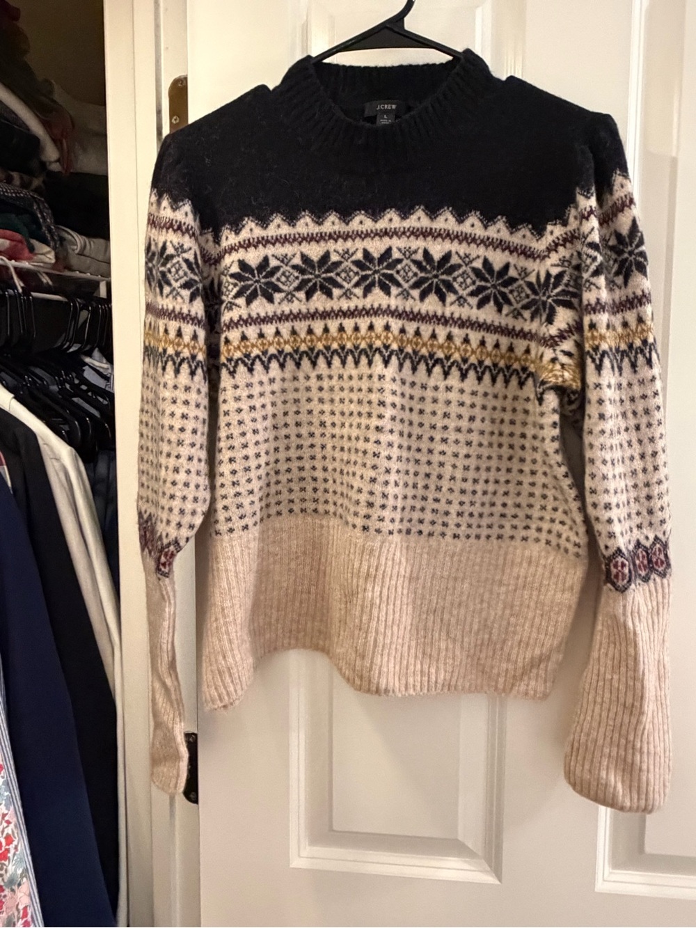 J. Crew Patterned Fair Isle Crewneck Sweater - Black & Cream with Yellow Accents